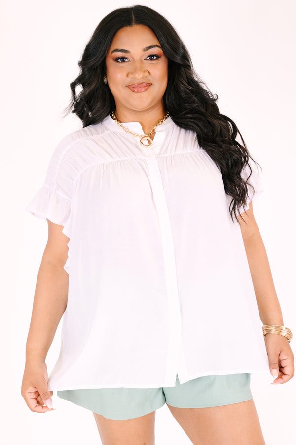 Chic Soul plus size clothing, short-sleeve ruffled white top with a buttoned v-neckline with button detailing