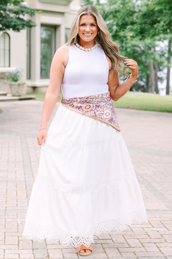 Plus Size white tiered maxi skirt with lace trim, eyelet hem, and drawstring waist.