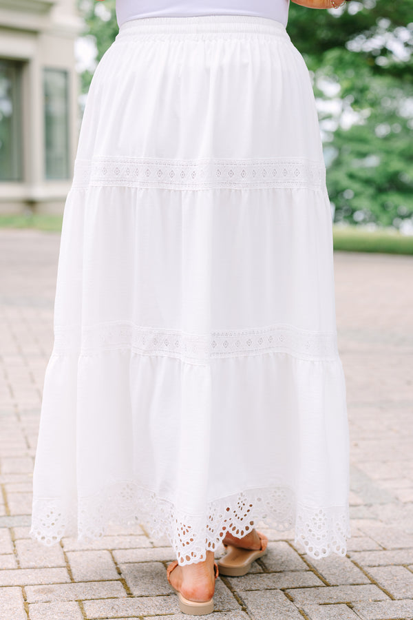 Plus Size white tiered maxi skirt with lace trim, eyelet hem, and drawstring waist.