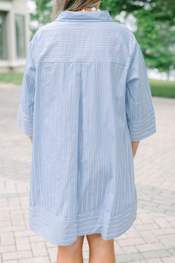 Plus size blue and white striped cotton shirt dress with three-quarter sleeves and a navy button placket.