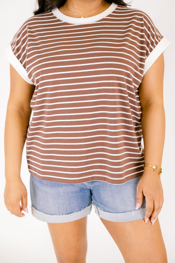 Chic Soul plus size clothing, brown short sleeve tee with white thin horizontal stripes and thicker white stripe around the neckline and sleeves
