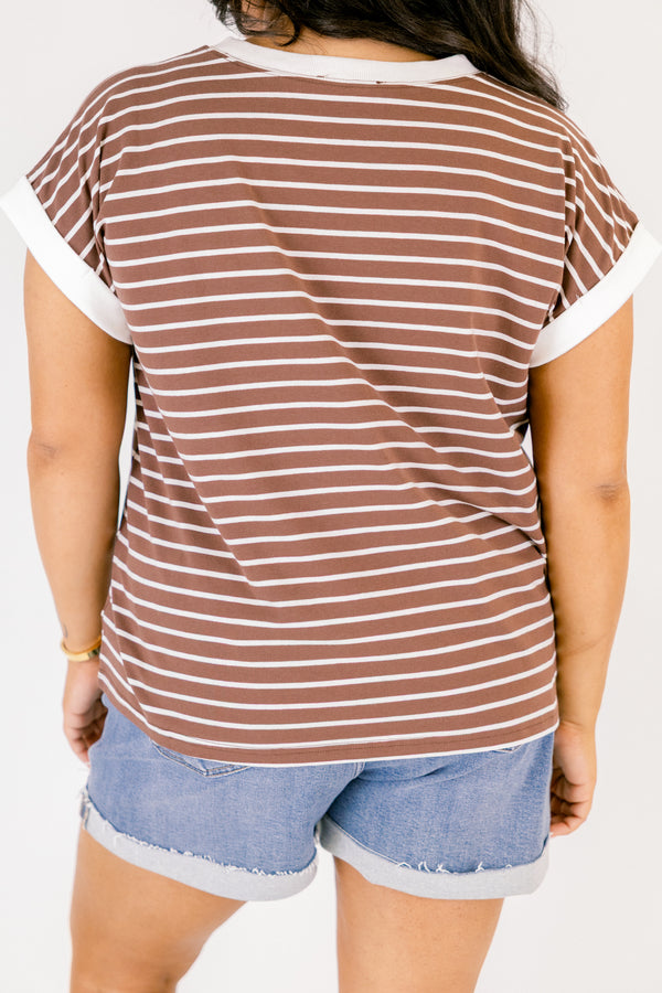 Chic Soul plus size clothing, brown short sleeve tee with white thin horizontal stripes and thicker white stripe around the neckline and sleeves