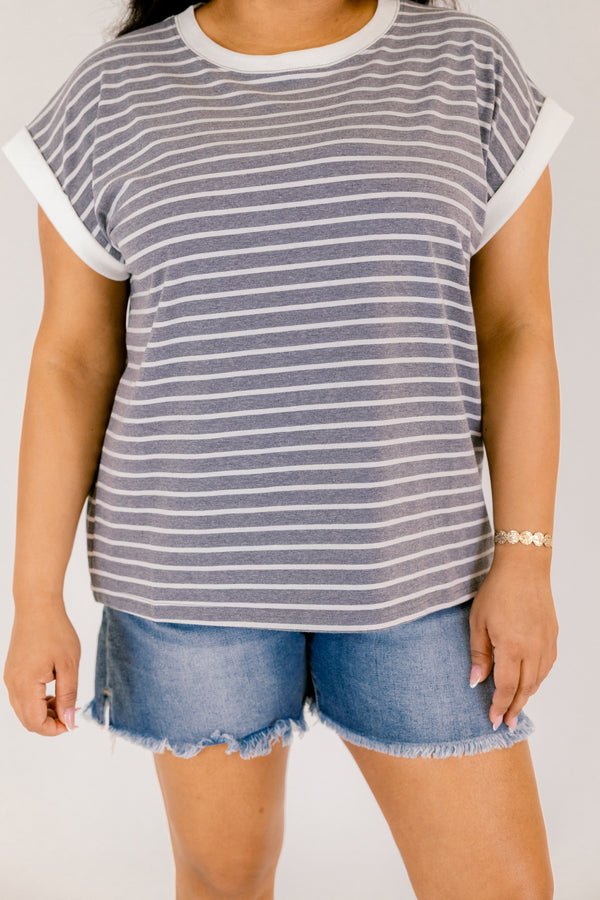 Chic Soul plus size clothing, charcoal striped short sleeve tee with white cuffs at the end of the sleeves as well as white outlining the neckline of the tee 
