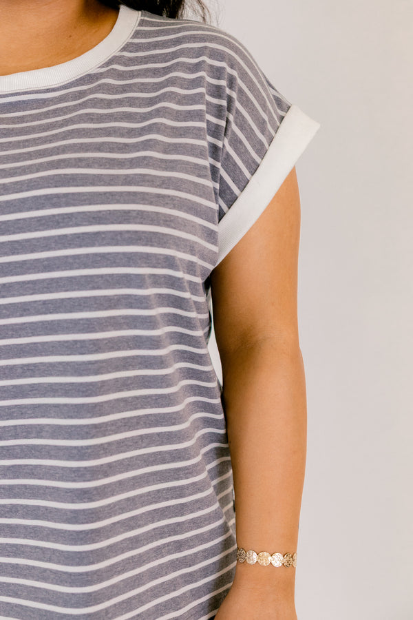 Chic Soul plus size clothing, charcoal striped short sleeve tee with white cuffs at the end of the sleeves as well as white outlining the neckline of the tee 
