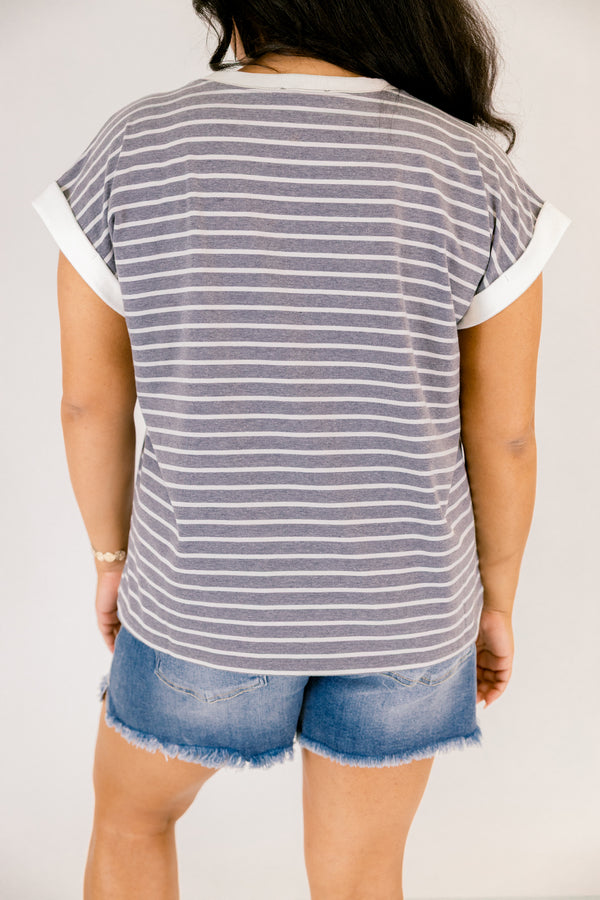 Chic Soul plus size clothing, charcoal striped short sleeve tee with white cuffs at the end of the sleeves as well as white outlining the neckline of the tee 
