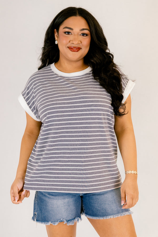 Chic Soul plus size clothing, charcoal striped short sleeve tee with white cuffs at the end of the sleeves as well as white outlining the neckline of the tee 
