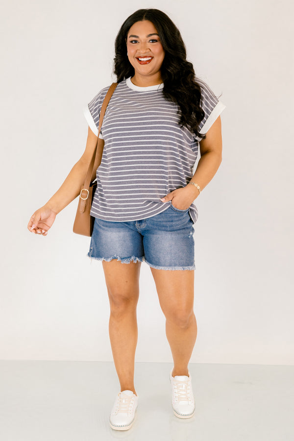 Chic Soul plus size clothing, charcoal striped short sleeve tee with white cuffs at the end of the sleeves as well as white outlining the neckline of the tee 

