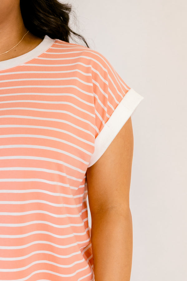 Chic Soul plus size clothing, coral and white horizontal stripe short sleeve tee with white trim around the neckline and sleeves