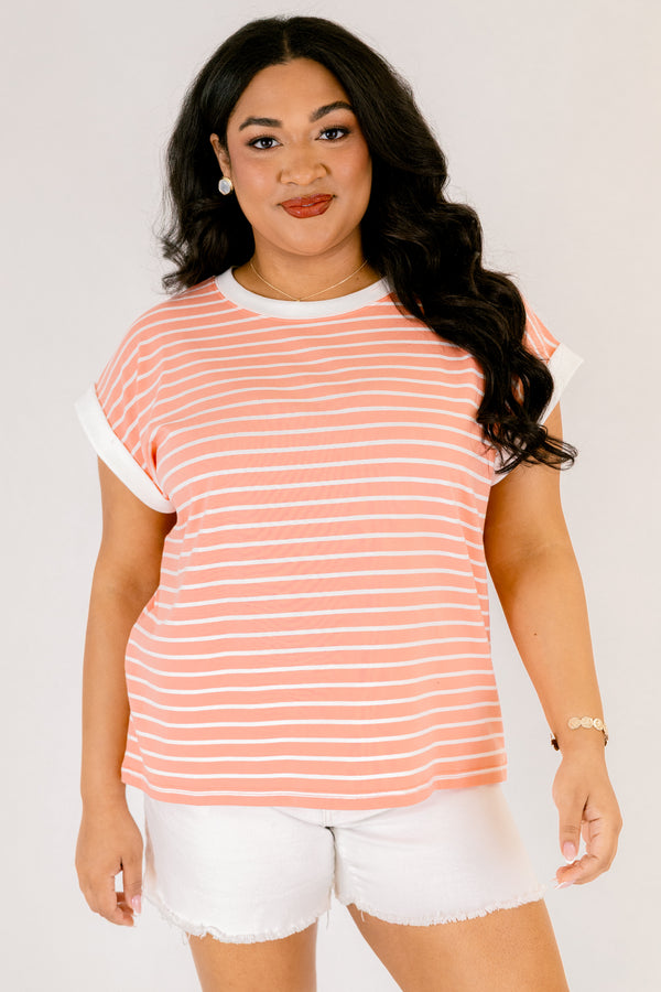 Chic Soul plus size clothing, coral and white horizontal stripe short sleeve tee with white trim around the neckline and sleeves