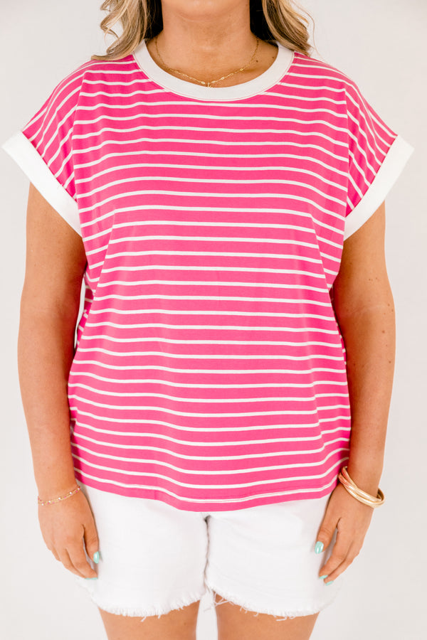 Chic Soul plus size clothing, fuchsia pink and white strip short sleeve crewneck top with white trim on the ends of the sleeves and around the neckline 