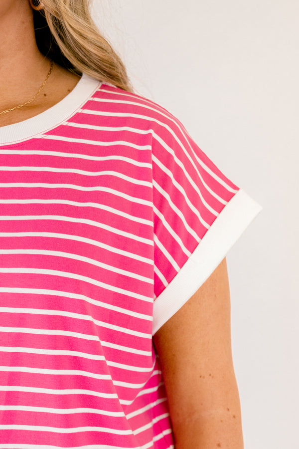 Chic Soul plus size clothing, fuchsia pink and white strip short sleeve crewneck top with white trim on the ends of the sleeves and around the neckline 