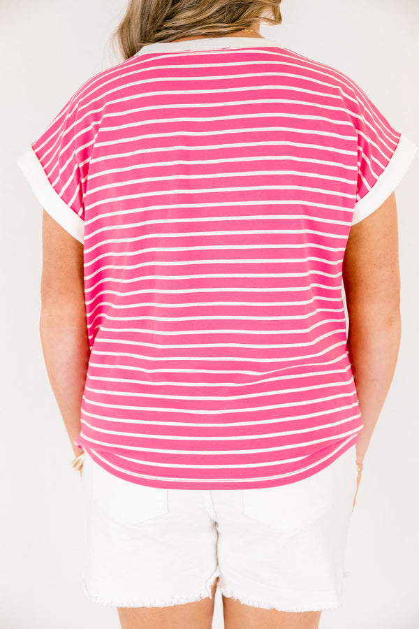 Chic Soul plus size clothing, fuchsia pink and white strip short sleeve crewneck top with white trim on the ends of the sleeves and around the neckline 