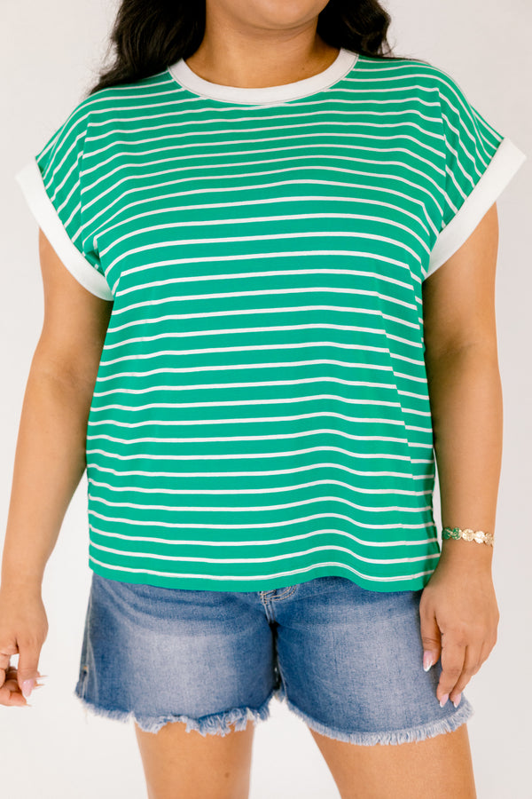 Chic Soul plus size clothing, kelly green cap sleeve tee with white horizontal pin stripes and white trim around the sleeves