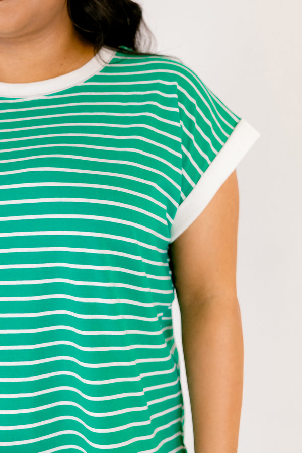Chic Soul plus size clothing, kelly green cap sleeve tee with white horizontal pin stripes and white trim around the sleeves