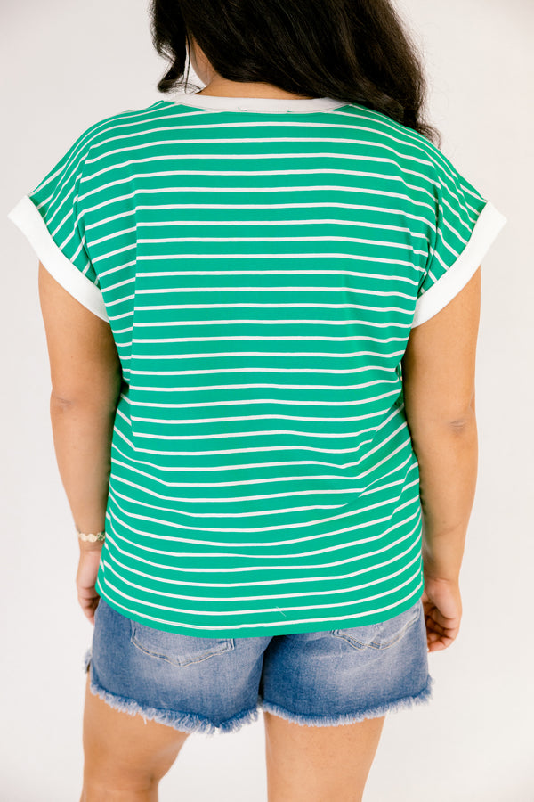 Chic Soul plus size clothing, kelly green cap sleeve tee with white horizontal pin stripes and white trim around the sleeves