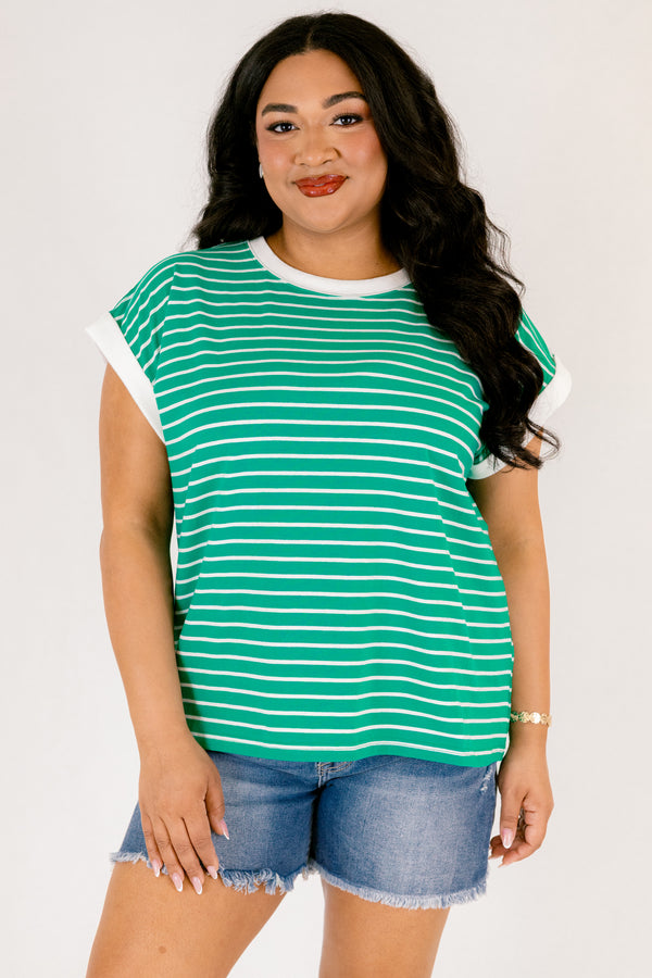 Chic Soul plus size clothing, kelly green cap sleeve tee with white horizontal pin stripes and white trim around the sleeves