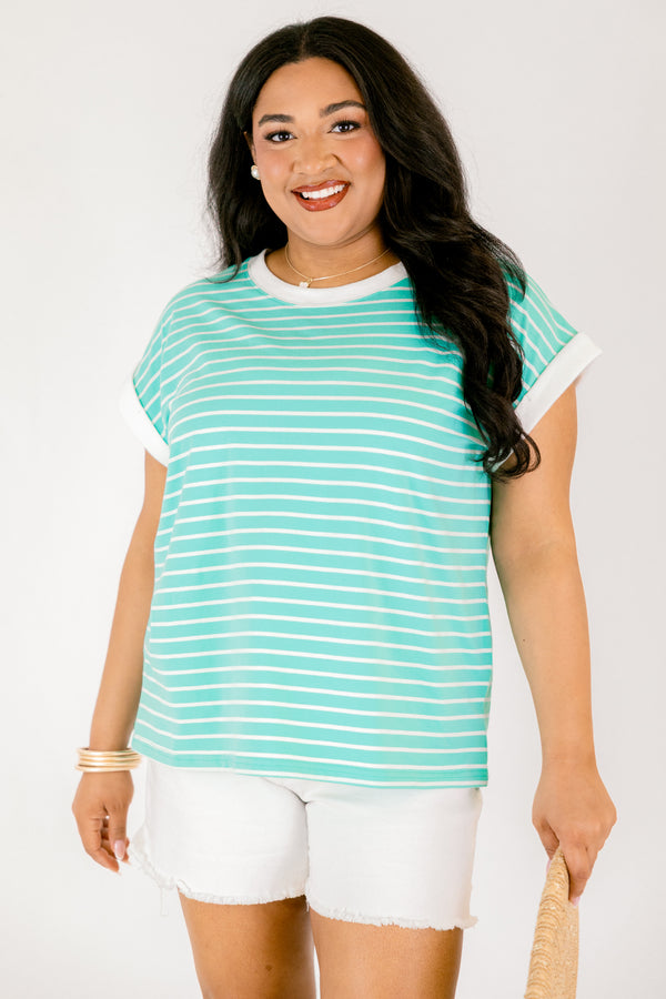 Chic Soul plus size clothing, bright mint green short sleeve tee with thin white horizontal stripes and white trim around the collar and sleeves
