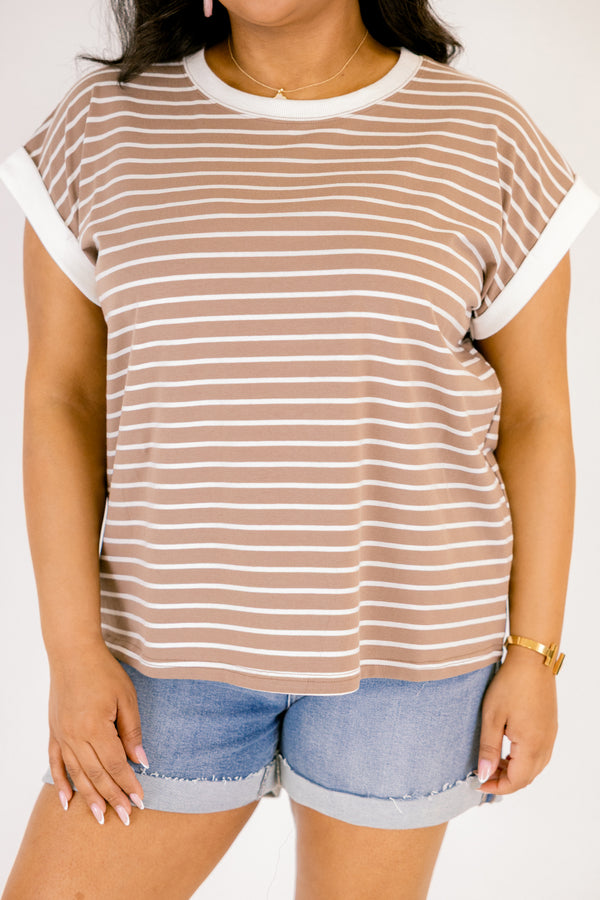 Chic Soul plus size clothing, light mocha brown short sleeve tee with thin white horizontal stripes and thick white trim stripe around the neckline and sleeves