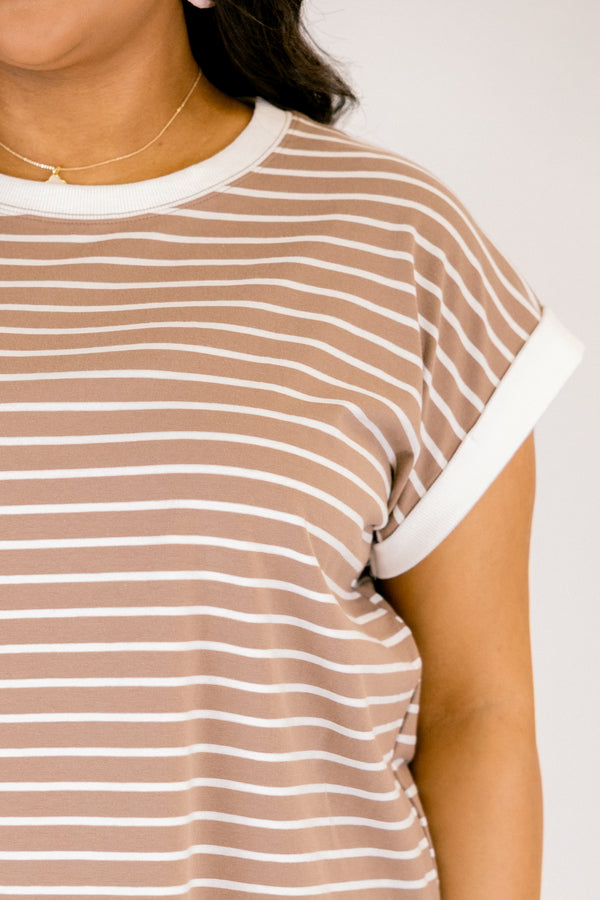 Chic Soul plus size clothing, light mocha brown short sleeve tee with thin white horizontal stripes and thick white trim stripe around the neckline and sleeves