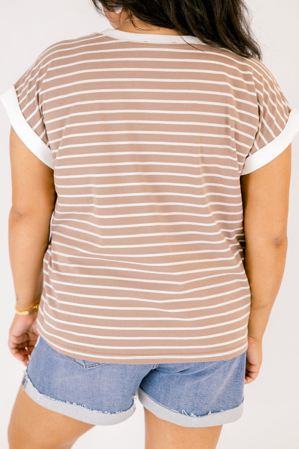 Chic Soul plus size clothing, light mocha brown short sleeve tee with thin white horizontal stripes and thick white trim stripe around the neckline and sleeves