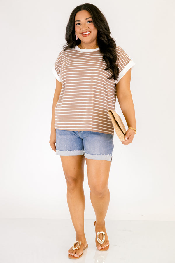 Chic Soul plus size clothing, light mocha brown short sleeve tee with thin white horizontal stripes and thick white trim stripe around the neckline and sleeves