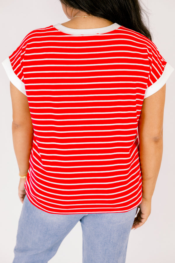 Chic Soul plus size clothing, bright red short sleeve tee with white thin horizontal stripes and thicker white stripe around the neckline and sleeves