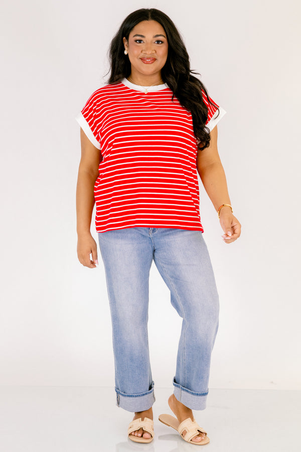 Chic Soul plus size clothing, bright red short sleeve tee with white thin horizontal stripes and thicker white stripe around the neckline and sleeves