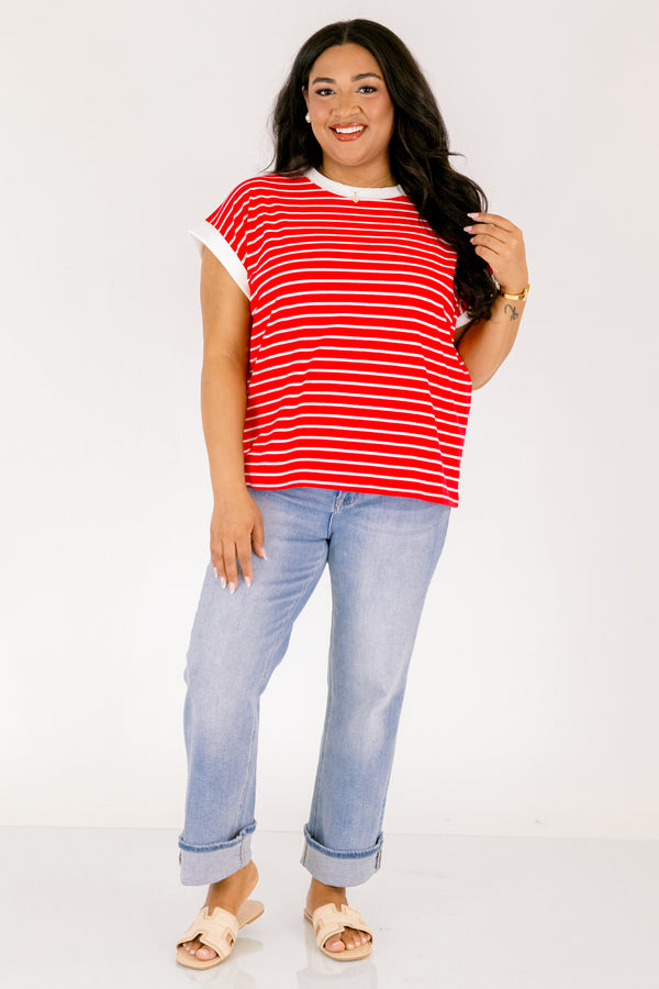 Chic Soul plus size clothing, bright red short sleeve tee with white thin horizontal stripes and thicker white stripe around the neckline and sleeves