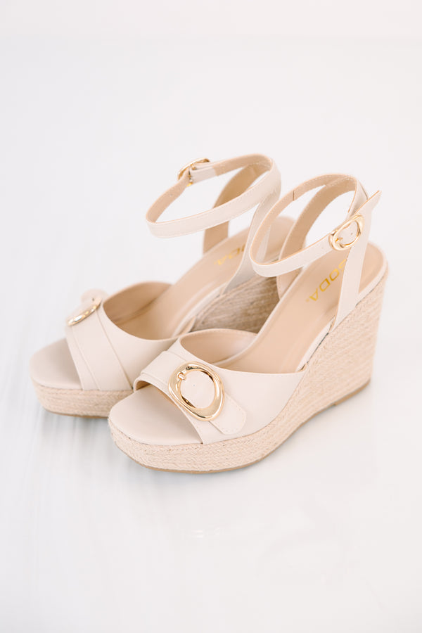 Chic Soul plus size clothing, light beige wedges with open toe & buckle detail. 