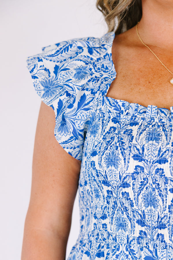 Chic Soul plus size clothing, royal blue and white floral print tiered midi dress with ruffle strap sleeves and rouching on the chest