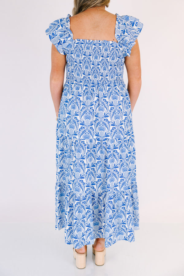 Chic Soul plus size clothing, royal blue and white floral print tiered midi dress with ruffle strap sleeves and rouching on the chest
