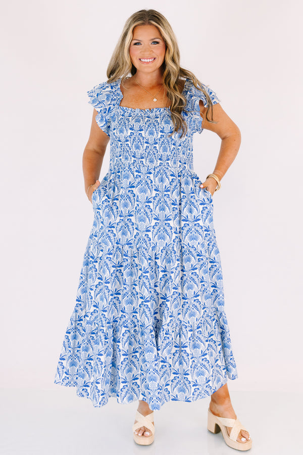 Chic Soul plus size clothing, royal blue and white floral print tiered midi dress with ruffle strap sleeves and rouching on the chest