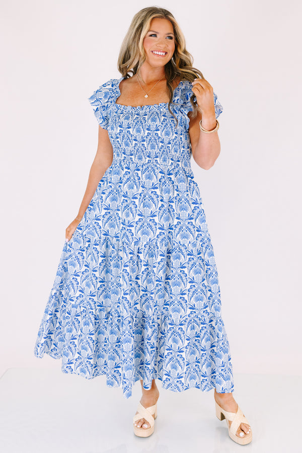 Chic Soul plus size clothing, royal blue and white floral print tiered midi dress with ruffle strap sleeves and rouching on the chest