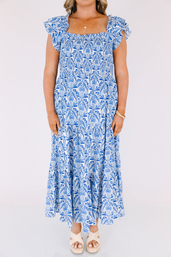Chic Soul plus size clothing, royal blue and white floral print tiered midi dress with ruffle strap sleeves and rouching on the chest