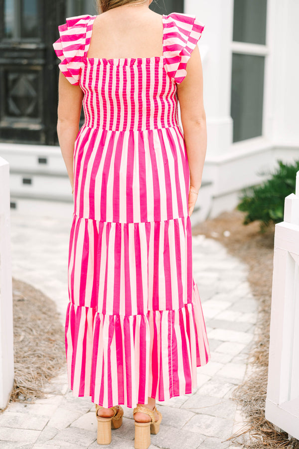 Chic Soul plus size clothing, pink and white vertical stripe babydoll maxi dress with flutter layered sleeves, a tiered skirt, and shirring at the top