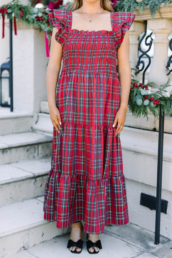 Plus Size red tartan maxi dress with a smocked bodice, ruffled cap sleeves, and a tiered skirt.