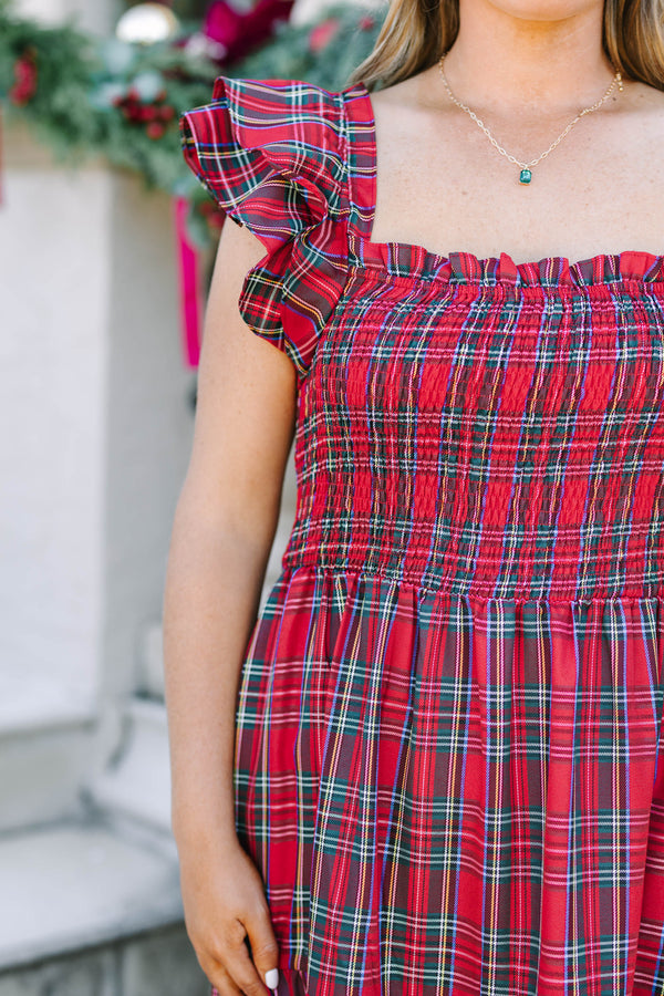 Plus Size red tartan maxi dress with a smocked bodice, ruffled cap sleeves, and a tiered skirt.