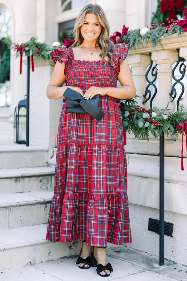 Plus Size red tartan maxi dress with a smocked bodice, ruffled cap sleeves, and a tiered skirt.
