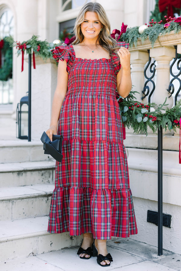 Plus Size red tartan maxi dress with a smocked bodice, ruffled cap sleeves, and a tiered skirt.