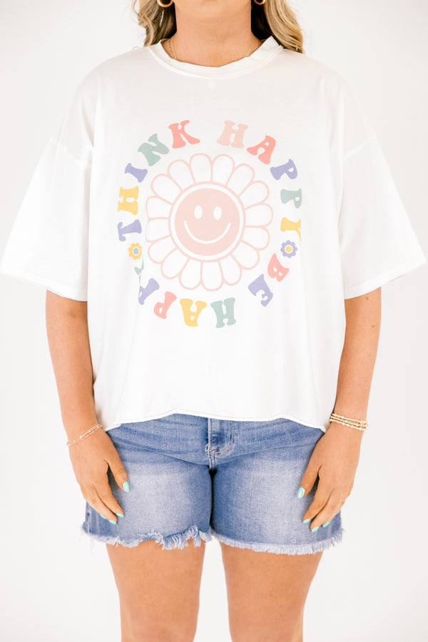 Chic Soul plus size clothing, white short sleeve vintage wash cropped tee with a multi colored text of 