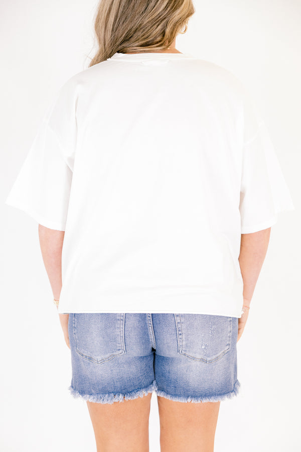 Chic Soul plus size clothing, white short sleeve vintage wash cropped tee with a multi colored text of 