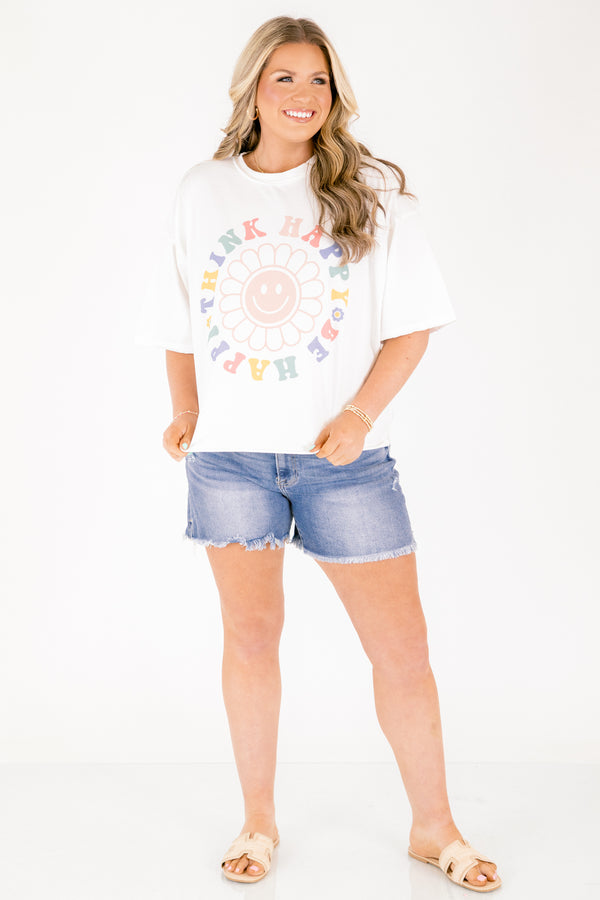 Chic Soul plus size clothing, white short sleeve vintage wash cropped tee with a multi colored text of 