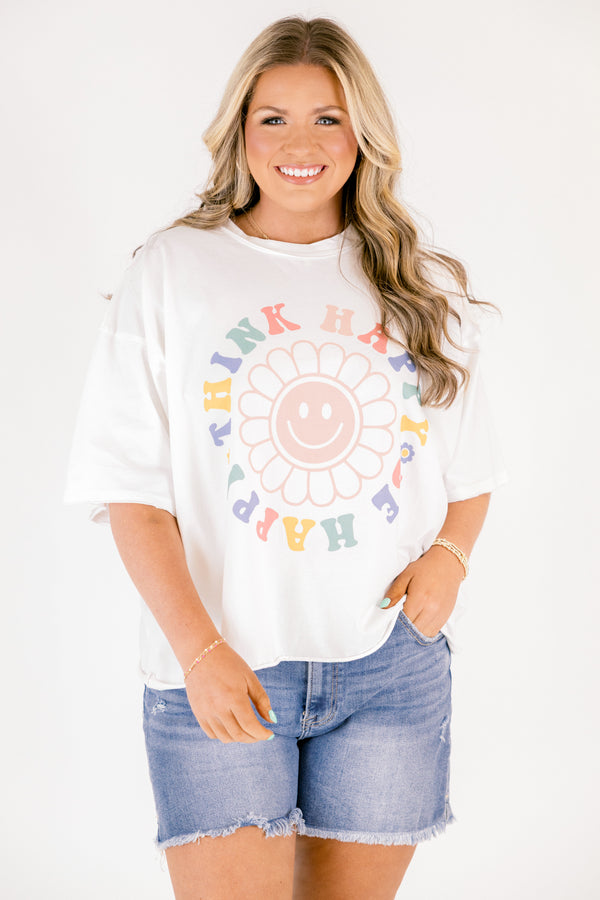 Chic Soul plus size clothing, white short sleeve vintage wash cropped tee with a multi colored text of 