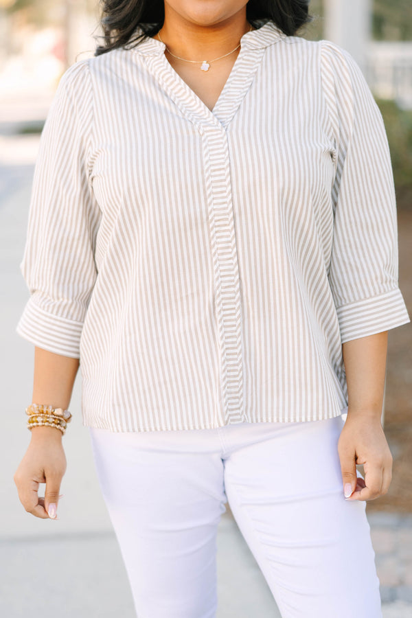 Chic Soul plus size clothing, light brown and white pin stripe v-neckline midi sleeve top