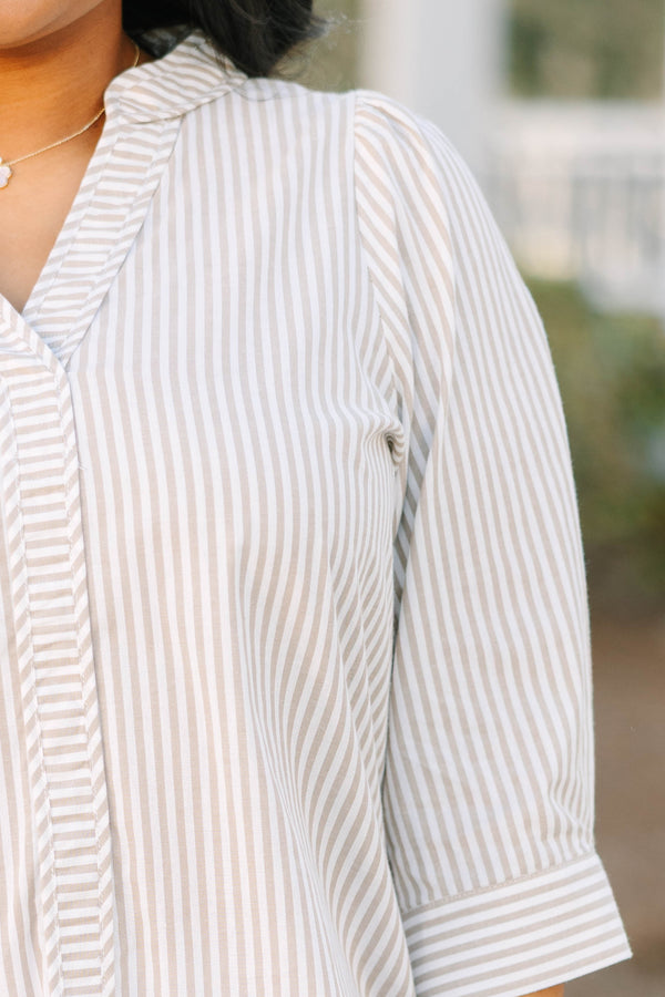 Chic Soul plus size clothing, light brown and white pin stripe v-neckline midi sleeve top