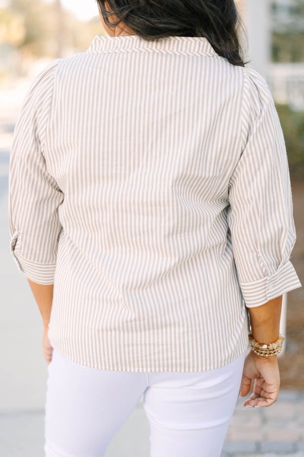 Chic Soul plus size clothing, light brown and white pin stripe v-neckline midi sleeve top