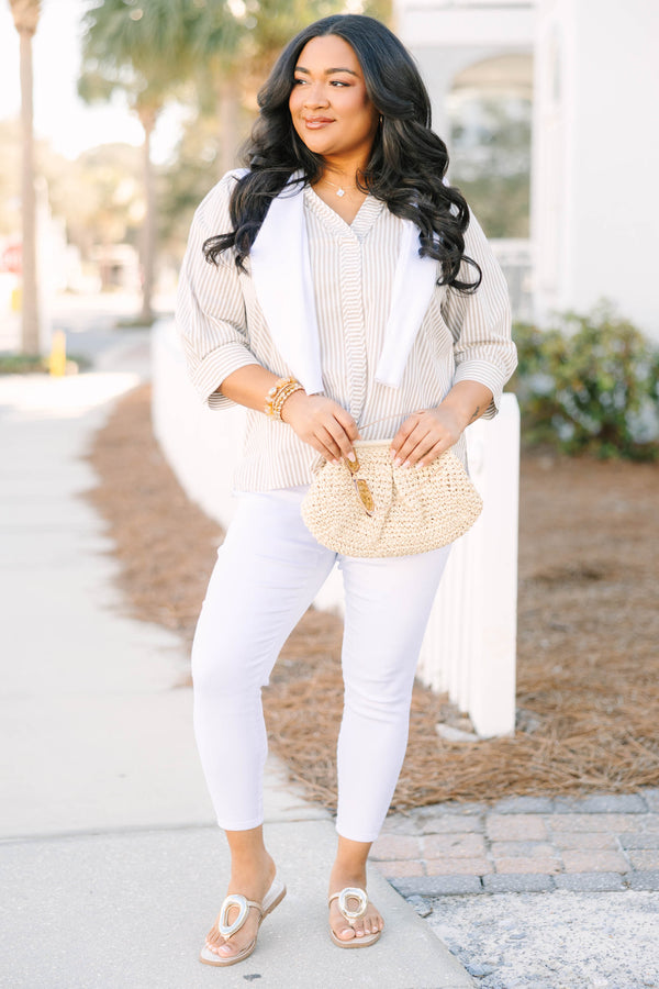 Chic Soul plus size clothing, light brown and white pin stripe v-neckline midi sleeve top