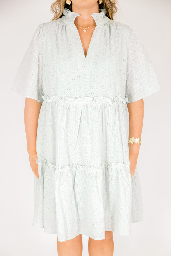 Chic Soul plus size clothing, light green embroidery short sleeved tiered baby doll dress with ruffles at the tiers and along with collar and a v neck cutout