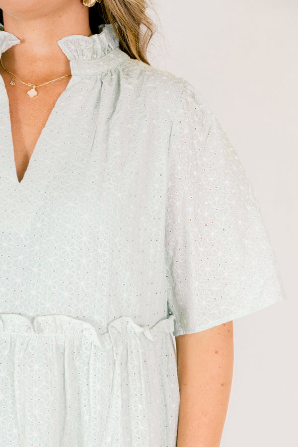 Chic Soul plus size clothing, light green embroidery short sleeved tiered baby doll dress with ruffles at the tiers and along with collar and a v neck cutout