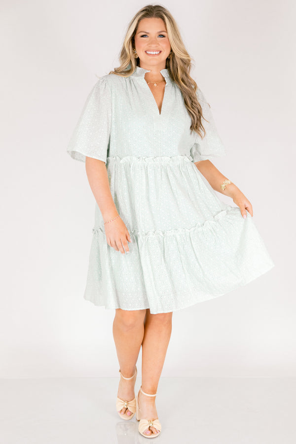 Chic Soul plus size clothing, light green embroidery short sleeved tiered baby doll dress with ruffles at the tiers and along with collar and a v neck cutout
